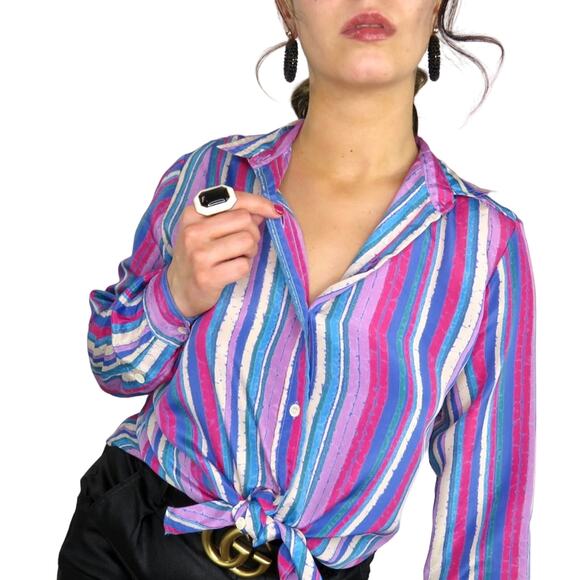 Vintage 1980s Evan Picone Pink & Purple Striped Button Down Blouse Medium - Picture 2 of 9
